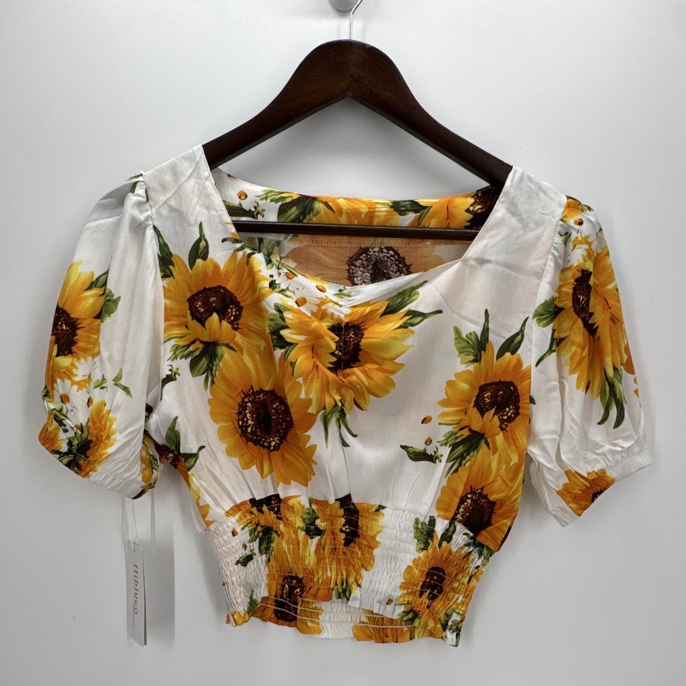 Women White Sunflower Floral Blouse Smocked Waist Square Neck Puff Sleeve Crop